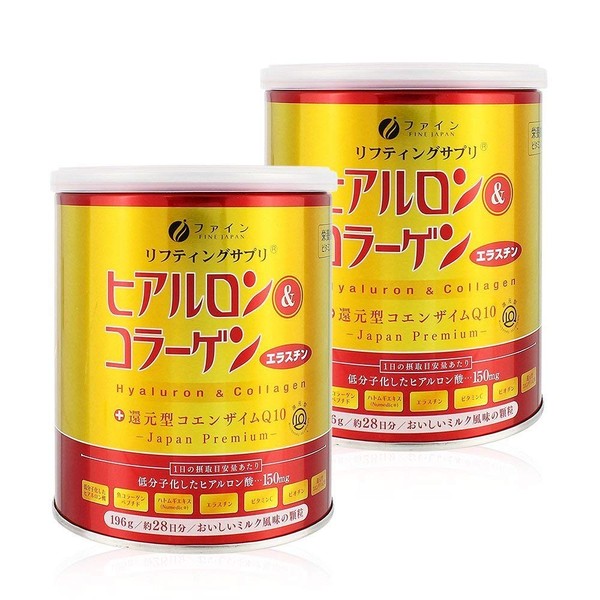 Fine Hyaluronic & Collagen + Reduced Coenzyme Q10 Can Type Hyaluronic Acid 5.3 oz (150 mg) Collagen 5,250 mg Elastin 15 mg Made in Japan 28 Day Supply (0.3 oz (7 g) / 196 g) per Day) x 2 Set