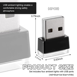 Suvnie 4 PCS Car Interior Ambient Lights, Mini Plug-in USB Port Decorative Night Light, PC Portable Automatic Night Ambient Lighting for Most Vehicles, Car Accessories (White+Red+Blue+Ice Blue)