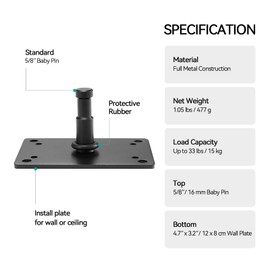 PHOCUS Photography 2" Baby Pin Wall Plate Ceiling Mount, Heavy Duty Wall Plate with 5/8" Baby Pin for Studio Lights, Softboxes, and Lighting Equipment (2" Baby Pin)