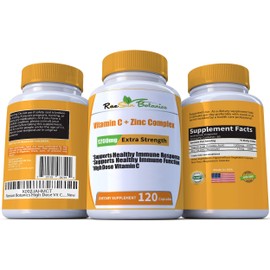 RaeSun Botanics High Dose Extra Strength 1200mg Vitamin C + Zinc Complex for Immune Support Health 120 Capsule 2 Month Supply Veggie Capsule Non-GMO Gluten Free Vegan