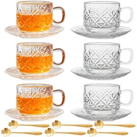 Atarvana 6 Pack Glass Tea Cups and Saucers Set with Spoons, Glazeal Stackable 5.41oz/160ml Heat-Resistant Espresso Cups, Transparent Tea Glass for Cappuccino, Latte, Cafe and Home Kitchen Use