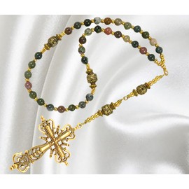 Eastern Orthodox Rosary, Natural Jasper Beads, Ornate Gold Tone Beads with Bead Caps, Filigree Cross