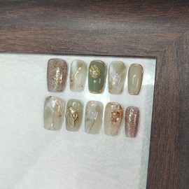 Medium Square Press on Nails Cat Eye Handmade False Nails with Designs, French Tip Short Coffin Reusable Fake Nails (Green Golden#Medium)