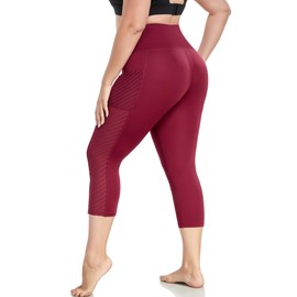 Plus Size Capri Leggings for Women with Pockets, Wine Workout Leggings Mesh Yoga Pants High Waisted Tummy Control Gym Clothes 2X