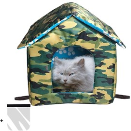 Cat House for Outdoor Winterproof, Waterproof, Weatherproof Outdoor Pet House, with Removable Transparent Curtain (Camouflage Green, L)