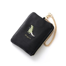 Naru Women's Animal Embroidered Pass Pouch with Reel Coin Purse, Card Case, Commuter Holder, Small, Animal, Fashionable, Popular, Brand, black (dinosaur)