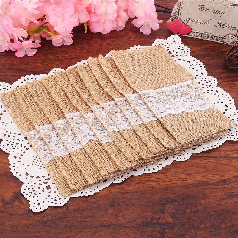 DECORA 4 X8 Inch Hessian Burlap Lace Jute Cutlery Pocket