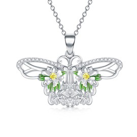 LONAGO Butterfly Pendant Necklace with Flower Sterling Silver Butterfly Necklace Gift for Women