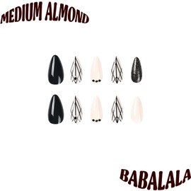 BABALAL Press on Nails Medium Fake Nails Almond Glue on Nails Glossy Acrylic Nails Stick on Nails 24Pcs Stiletto Black Nails for Women and Girls （Rhinestones）