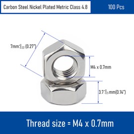 FOCMKEAS 100PCS M4-0.7 Hex Nuts, Carbon Steel Metric Coarse Thread Hexagon Nut, ISO 4032, Class 4.8 Screw Bolt Fasteners, Nickel Plated Hardware Lock Nut