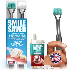 SMILE SAVER 360° 3-Sided Toothbrush 2PK + Toothpaste Tablets + Zing Stix Infused Toothpicks | Gum Massage & Tongue Cleaner | Teal & White Heads - Charcoal Handles - Cinnamon