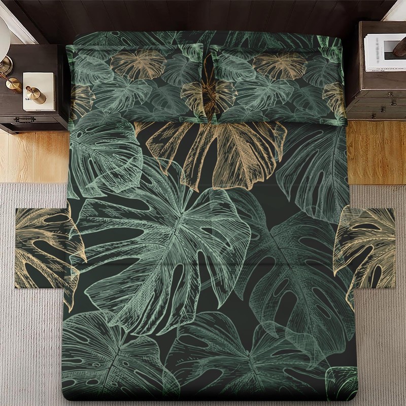 WeCozy King Size Bed Sheet Sets with Pillowcases, Green Tropical