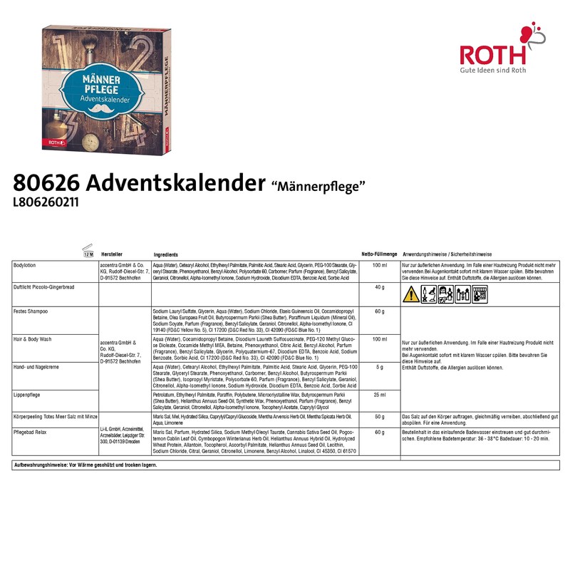 ROTH Pure Advent Calendar "Herrenpflege" with 4 Doors, One for