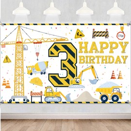 Tasoraor Digger Decoration Birthday 3 Years Banner - 3 Birthday Decoration Construction Site Decoration Background 180 x 110 cm, Tractor Party Banner for 3rd Children's Birthday Party Boy