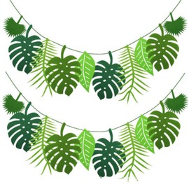 Pack of 2 Tropical Leaves Garland, Tropical Leaf Banner Garland, Artificial Leaves Decoration, Reusable Jungle Birthday Decoration for Summer, Jungle, Birthday, Hawaiian Party