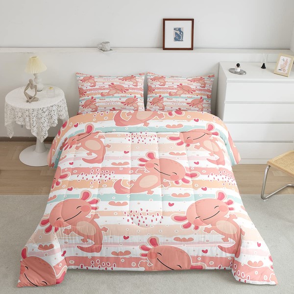 Cute Axolotl Comforter Set Twin Size Rainbow Stripes Quilt Set