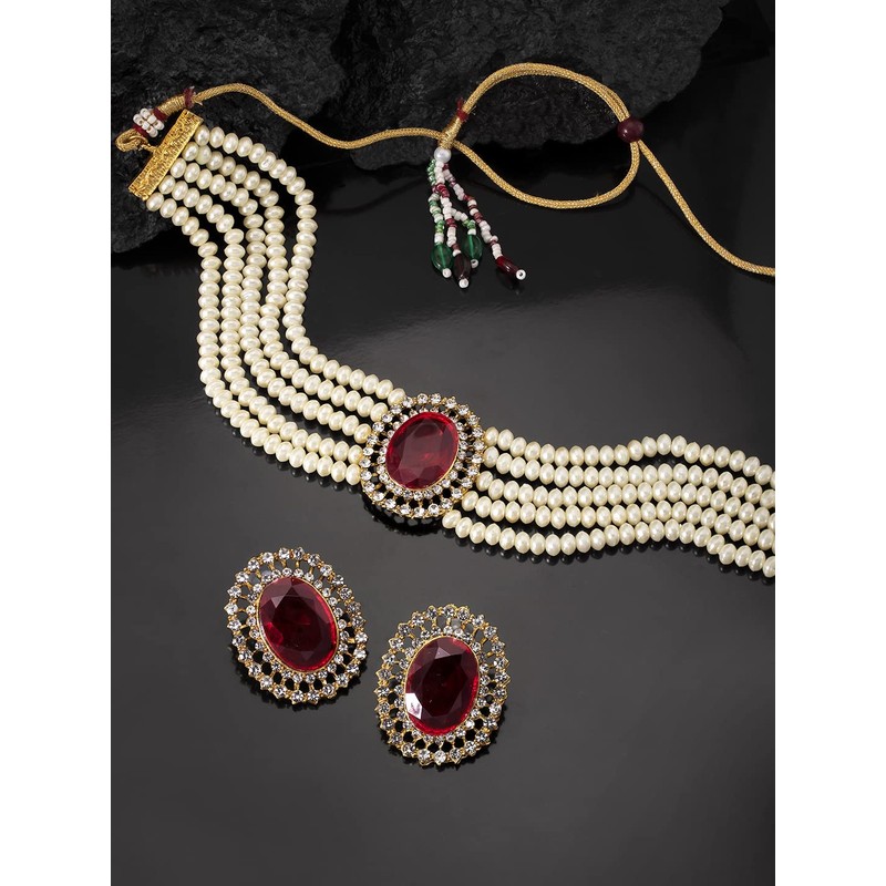 Aheli Kundan Pearl Gargantilla de cuentas de varias capas Pendientes