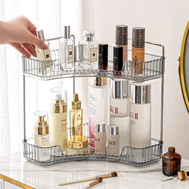 INVSSENE Corner Bathroom Countertop Organizer, 2 Tiers Vanity Trays for Bathroom Counter, Makeup Organizer, Perfume Tray, Kitchen Spice Rack, Fits 90 Corner, Smoky Gray