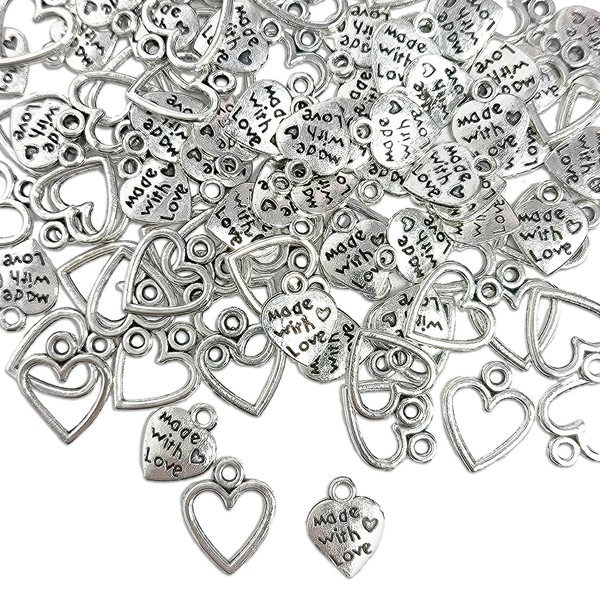 100 Pieces Silver Heart Pendants With Holes, Diy Metal Hollow