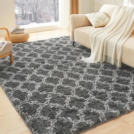 Litanika 6x9 Geometric Shag Area Rug for Bedroom, Dark Grey and White High Pile Ultra Soft Plush Shaggy Furry Bedside Playroom Dorm Carpet, Non-Slip, Non-Shedding Indoor Floor Rug