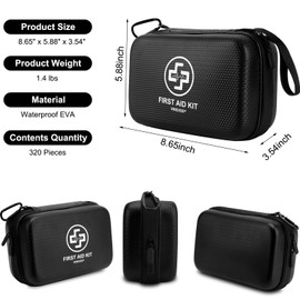 VRIEXSD Premium First Aid Kit, 320 Piece Waterproof Hard Shell Eva First Aid Kit for Home, Camping, Cars, Hiking, Travel, Businesses & Outdoor Emergencies - Emergency Medical Kits (Black)