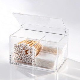 Dealpoli Clear Acrylic Cotton Swab Ball Holder Qtip Organizer with Lid 2-Grid Canister for Make Up Pads, Floss Picks, Vanity Storage,Bath Salts, Cosmetics, Home Bathroom Decor (DP004)