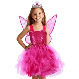 Soyoekbt Fairy Costume for Girls Princess Tutu Dress with Butterfly Wings for Girls Birthday Party Dress Up (Rose Red, 5-6 Years)