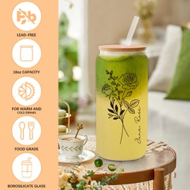 Frerdui Birth Flower Glass Cup with Lid and Straw - Birthday Gifts for Women - June Birthday Gifts Ideas for Her Girlfriend Friends Wife Mom Daughter Sister - 18 Oz Floral Iced Coffee Cup (June.Rose)