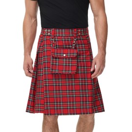 Men's Kilt Tartan Scottish Traditional Highland Wedding Kilt Outfit Red Tartan S
