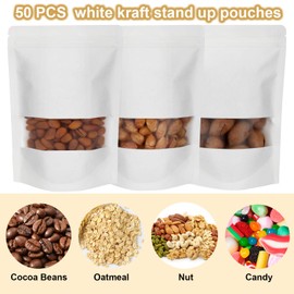 Blisstime White Kraft Stand Up Pouch Bags, 50 Pack Reusable Zip Lock Paper Pouches with Matte Window and Tear-away Notch for Multi-purpose Storage (3.9IN X 5.9IN)