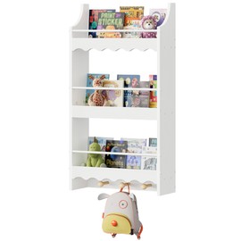CHOEZON Wall-Mounted Kids Bookshelf, 3-Tier Wall-Hanging Book & Magazine Rack, Floating Toy Storage Organizer with 3 Hooks & Guardrails, for Kids' Room, Living Room, Nursery, White and Natural MCW43WB