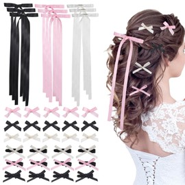 39 Pack Mini Hair Bows & Clips Set - Snag-Free Alligator Clips with Extra-Length Ribbon Tails for Women/Girls/Teens, 3 Styles Cute Hair Accessories (Black/White/Pink) for Weddings/Parties/School