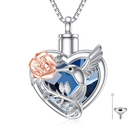 TOUPOP Hummingbird Urn Necklace for Ashes Sterling Silver with Blue Heart Crystal Cremation Jewelry w/Funnel Filler Memory Jewelry for Women