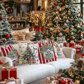 GEEORY Merry Christmas Throw Pillow Covers 18x18 Inch Set of 4, Xmas Tree Truck Balls Joy to The World Winter Snowflake Holiday Farmhouse Decorative Cushion Cases for Home Decoration G610-18