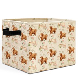 HSIASHENG Highland Cow Calf Nursery Storage Bins Box with Handles, Farmhouse Rose Floral Cow Laundry Basket Hamper Collapsible Clothes Toys Organizer for Baby Girl Nursery Bedroom Playroom
