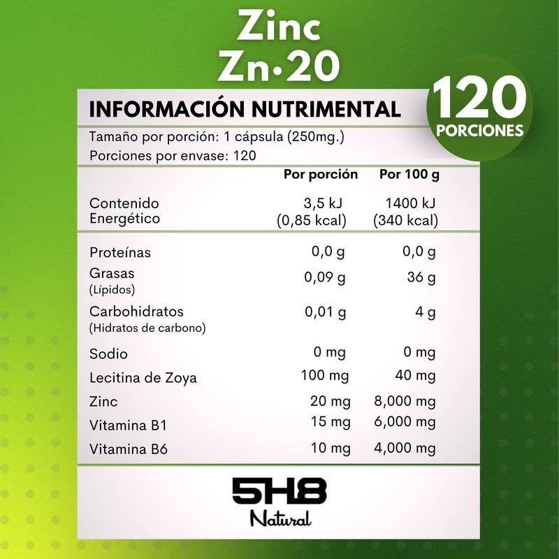 5H8 Nutrition | ZN20 Zinc 120 Cápsulas, 20 mgs De