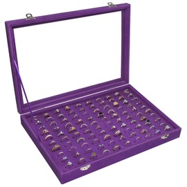 Siveit Ring Display Tray Organizer Box with Transparent Lid, 100 Slot Ring Holder Showcase For Store Display Jewelry Show Home, Ring Organizer For Jewelry Rings, Studs Earrings (Purple)