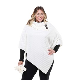Le Moda Women’s Shawl Collar Pleated Fleece Poncho with Matching Gloves | One Size Fits All (ONE SIZE, WINTER WHITE)