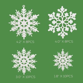 36pcs White Snowflake Decorations Christmas Tree Glitter Ornaments Plastic Snow 4 Varies Size Craft Flakes for Indoor Winter Christmas Hanging Decor Snowflakes (36)