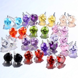 Boao 15 Pairs Stainless Steel Stud Earrings for Women Birthstone Hypoallergenic Cubic Zirconia Stud Earrings Set(4 mm)