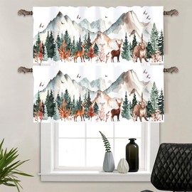 DIPQIMI 1 Panel Forest Bear Deer Curtain Valance for Windows, Vintage Nature Mountain Animal Rod Pocket Short Window Treatment Decor Drapes for Kitchen, Bathroom, 54" X 18"