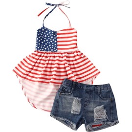 BOIZONTY Toddler Baby Girl Fourth of July Outfits Halter Star Top + Ripped Hole Denim Shorts Kids Girl 4th of July Clothes Set (Striped Denim, 18-24 Months)
