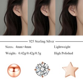 Deyanse Stud Earrings 925 Silver, 3 Pairs, Small 4 mm Silver Stud Earrings Set for Women Girls, Hypoallergenic Star Round Cubic Zirconia Stud Earrings Set, Sleeping Cartilage Stud Earrings with Gift