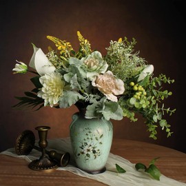 Florero de cerámica, diseño de flores artificiales para decoración del hogar, cocina, sala de estar, comedor, centro de mesa, decoración de granja, 38.1 x 35.56 cm (verde)