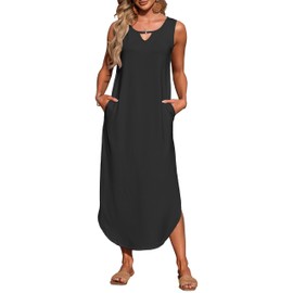 MISFAY Women's Summer Maxi Dress Sleeveless Loose Long Beach Split Dresses with Pockets(Black,2XL)