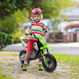 Qaba Kids Dirt Bike with Twist Grip Throttle, 12V Electric Motorcycle, Electric Bike for Toddler with Training Wheels, Rear Suspension & Music, Green
