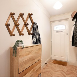 YUEMING Accordion Wall Hanger, 10 Hooks Coat Rack Holder, Expandable Coat Rack Wall Mounted, Solid Wooden Wall Hat Rack for Hang Key Bag Umbrella Necktie Purse