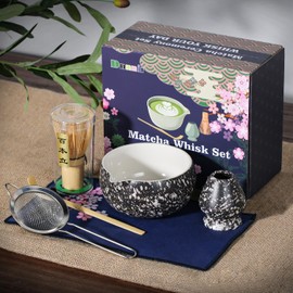 Dnnnii Matcha Whisk Set, 7 Pcs Ceramic Matcha Set Includes Matcha Bowl, Whisk and Holder, Bamboo Scoop, Scoop Rest, Sifter and Tea Towel - Matcha Lover,Gift for Family/Friend（Black）