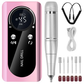 HZXINGWANG Professional 45000 RPM Portable Nail Drill & Electric Nail File for Acrylic Nails, Gel Polish Removal – Rechargeable with 6 Drill Bits Kit for Home & Salon Use (Pink)