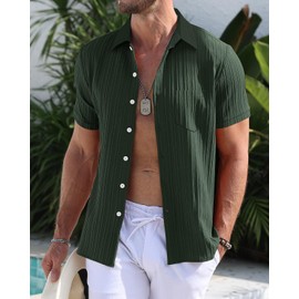 TUREFACE Black Button Up Shirts for Men Short Sleeve Casual Textured Dress Shirts Wrinkle-Free Summer Beach Shirts